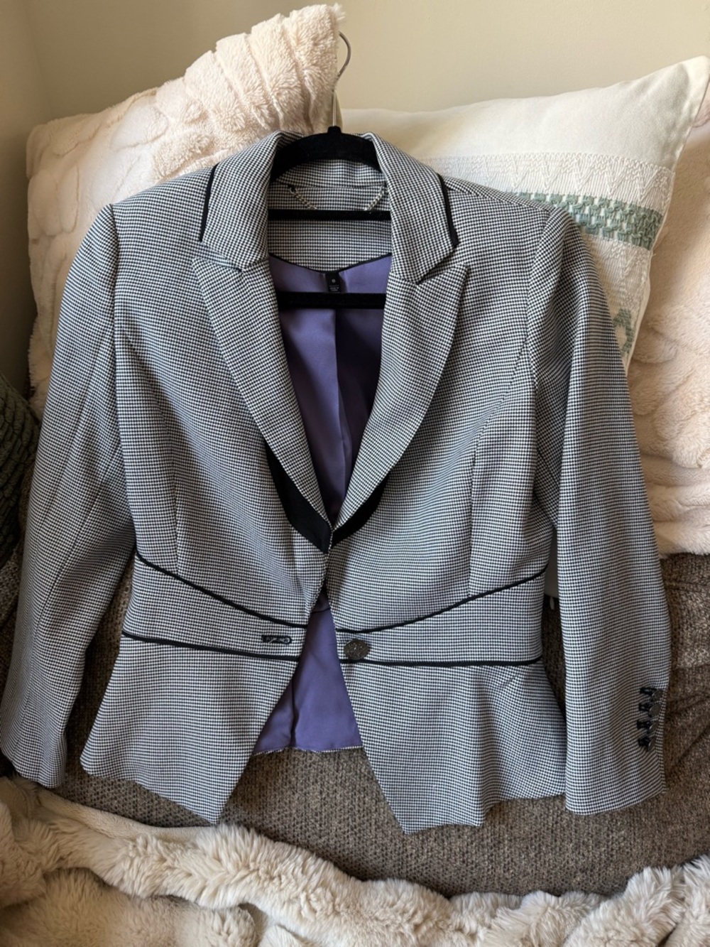 Women's Black & White Houndstooth/Micro-Check Blazer with Purple Lining